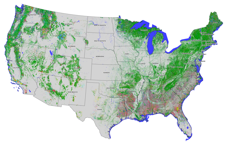 US Forests color coded by year of disturbance;  Green=undisturbed  (from Landsat/NAFD Project, courtesy Jeff Masek)