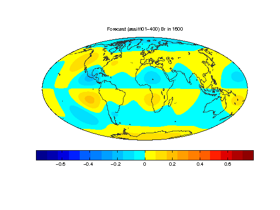 Text Box:  Figure 2: 20-year geomagnetic forecasts from MoSST_DAS.  The movie shows the predicted non-dipolar radial magnetic field from 1600 to 2000, with the 20-year analysis cycle.